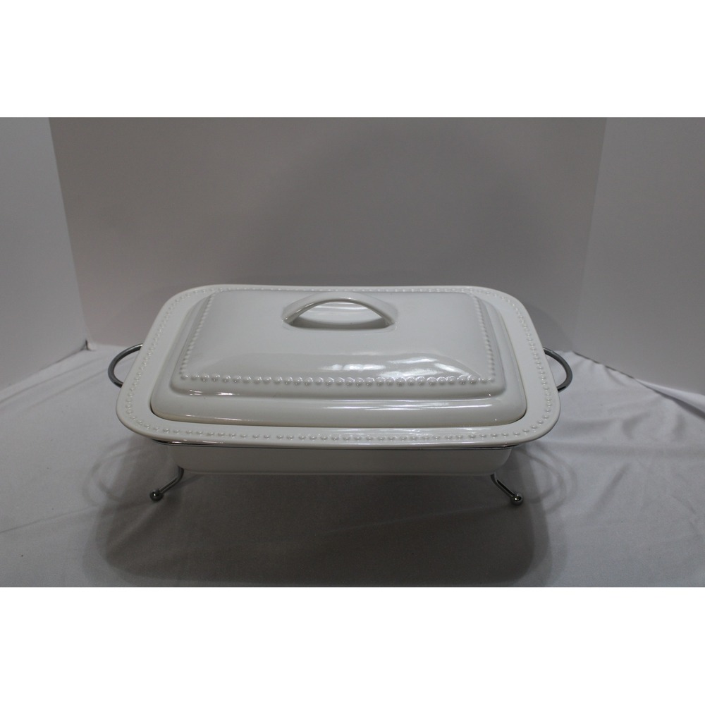 White Ceramic Rectangular Chafing Dish with Beaded Trim and Metal Stand